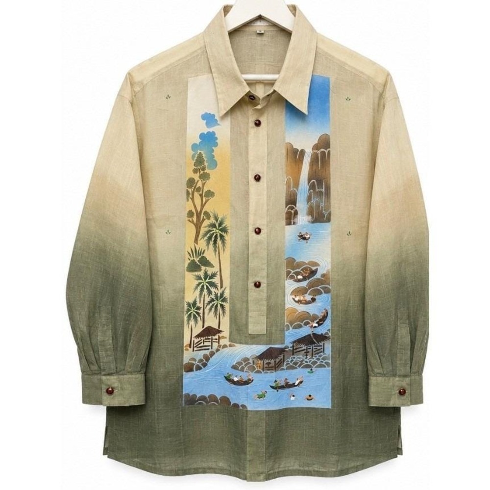 VTG 70s Barong Filipino 2X Pure Piña Hand Painted Scenic Ombré Philippines Shirt